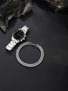 2pcs Men's Silver Watch Set: Casual Fashion Men's Watch With Black Dial And Diamond Decor + Cuban Link Bracelet - Valentine's Day, Birthday, Father's Day, Anniversary Gift, Suitable For Business And Daily Wear