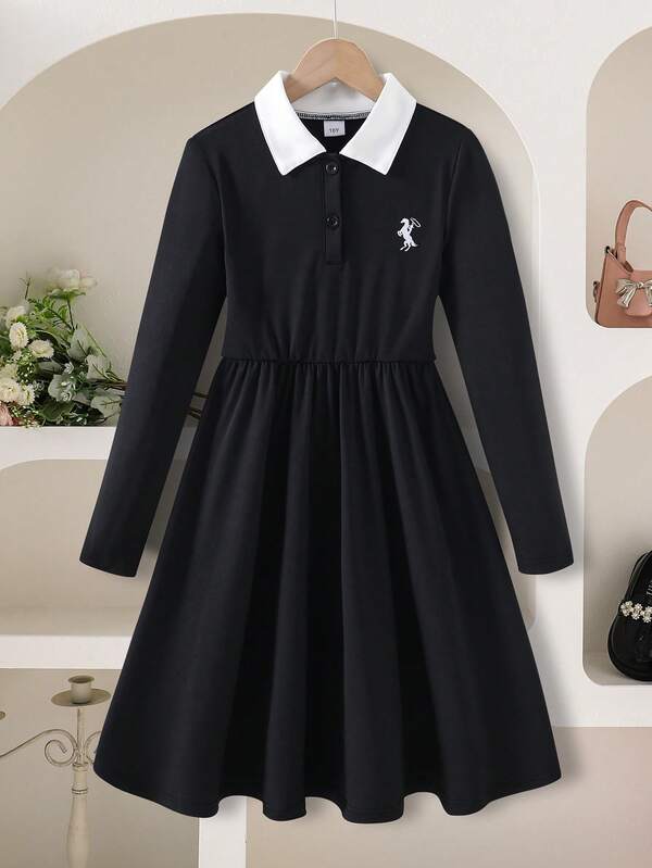 Robe polo à manches longues pour filles, motif de patchwork, broderie de poney, style décontracté chic scolaire taille marquée, noir