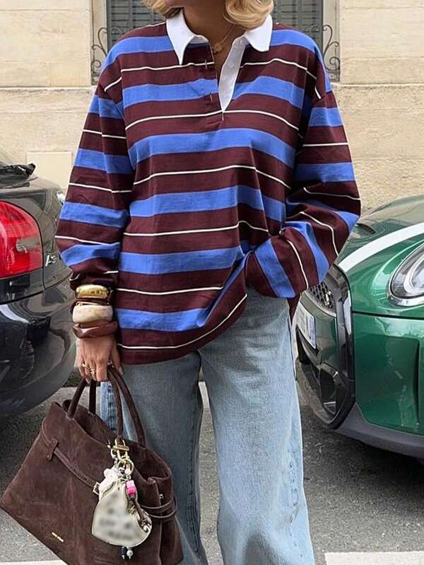 T-shirt rayé décontracté, convient pour l'école, le quotidien et la rue, automne