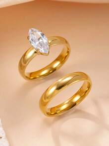 2 件/套 4 毫米简约锆石装饰不锈钢女士戒指