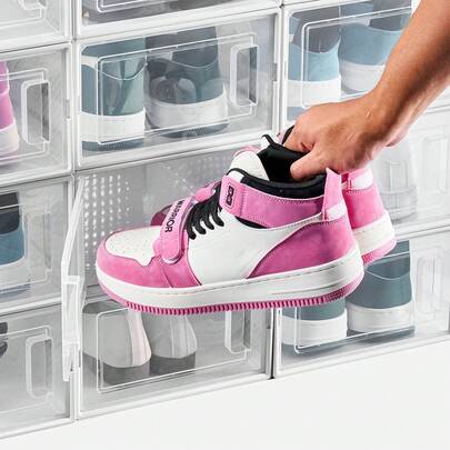 Shoe Storage Boxes, 12 Pack Stackable Shoe Boxes Storage Organizers, Fit Up To US Size 11, Plastic Modular Space Saving Sneaker Containers For Storing High Heels, Boots, And Hats, White Frame