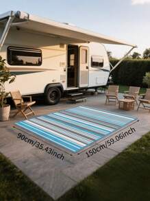 Alfombra de plástico resistente al agua de 5 x 8 pies para exteriores, alfombra de camping para autocaravana, porche, terraza, área de jardín, balcón y patio, a rayas azul y gris - Azul - Ver 4