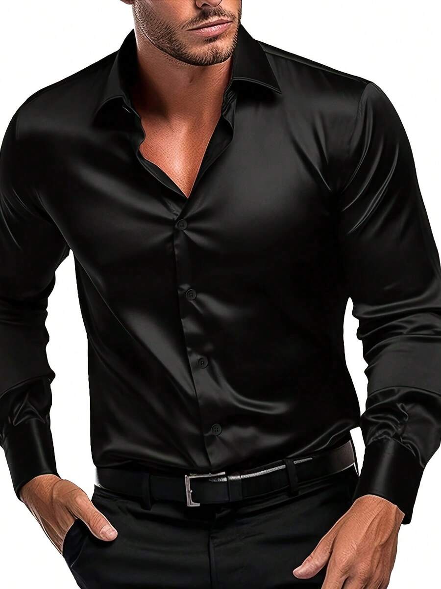 Fashionable Casual Men's Long Sleeve Collared Shirt, Versatile For Formal, Social, And Dating Occasions, Suitable For Summer, Spring, Autumn - Black - View 1