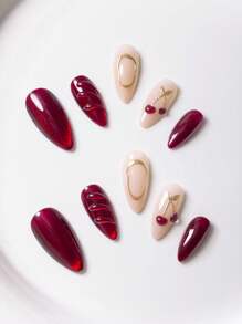 10pcs Handmade Almond White French Red Outline Red Starburst Metal Cherry Elegant Minimalist Sophisticated False Nails