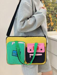 韩版多巴胺拼色 16 英寸笔记本电脑包，多功能单肩斜挎包，大容量，方便通勤，休闲拼色背包女士秋季大学必备笔记本电脑包女士 书包笔记本电脑套返校 - 黑色 - 查看 9