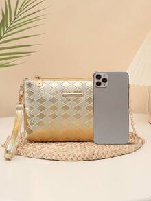 Bolso de hombro y bandolera de cadena de unicolor minimalista con relieve de PU dorado - Dorado - Ver 4