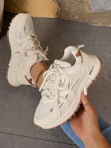 1 Pair Sporty Thick-Sole Air Cushion Lace-Up High-Top Breathable Running Shoes, Casual Sneakers - Khaki - View 5