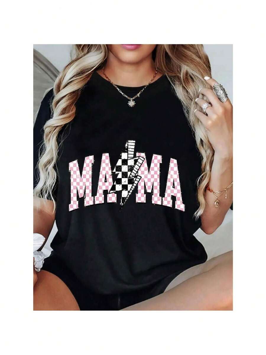 Women's Oversized Loose Fit Graphic Print T-Shirt Fall Women Clothes - Black With Pink Lettering, Soft Breathable Fabric, Relaxed Casual Crewneck Short Sleeve Tee For Mother's Day Gift & Camiseta; Casual Attire - Black - View 1