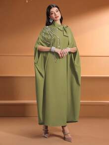 Áo choàng Abaya Ả Rập thanh lịch đính cườm và thêu tinh xảo, cổ áo cà vạt màu trơn dành cho nữ - Quả xanh - Xem 8