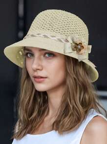 1pc Women's Fashionable Floral Decor Elegant Knitted Wide Brim Straw Hat, Suitable For Spring/Summer Outdoor, Travel, Beach, Camping, Versatile Daily Wear