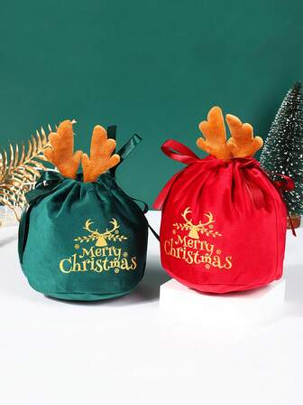 1 st. presentpåsar med dragsko och röda och bruna horn till God Jul - Återanvändbara presentpåsar i polyester för jul, nyår, födelsedagsfest, festliga högtidsdekorationer, julpåsar, festliga godispåsar
