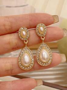 2pcs Vintage French Style Faux Pearl Teardrop Clip-On Earrings, Simple Elegant Crystal Geometric Earrings For Non-Pierced Ears - Yellow Gold - View 5
