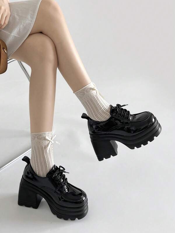 10cm Super High Heel Thick Sole British Style Patent Leather Platform Mary Jane Oxfords, Waterproof Thick Bottom Lace-Up Casual Shoes