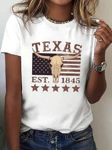 Women's Texas Americana Graphic T-Shirt – Vintage 1845 Design With Longhorn Skull, 4th Of July, Stars, Casual Crew Neck Top, Soft And Stretchy, Western Style, Medium Elasticity - 白色 - 查看 1