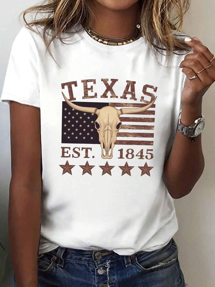 Women's Texas Americana Graphic T-Shirt – Vintage 1845 Design With Longhorn Skull, 4th Of July, Stars, Casual Crew Neck Top, Soft And Stretchy, Western Style, Medium Elasticity - 白色 - 查看 1