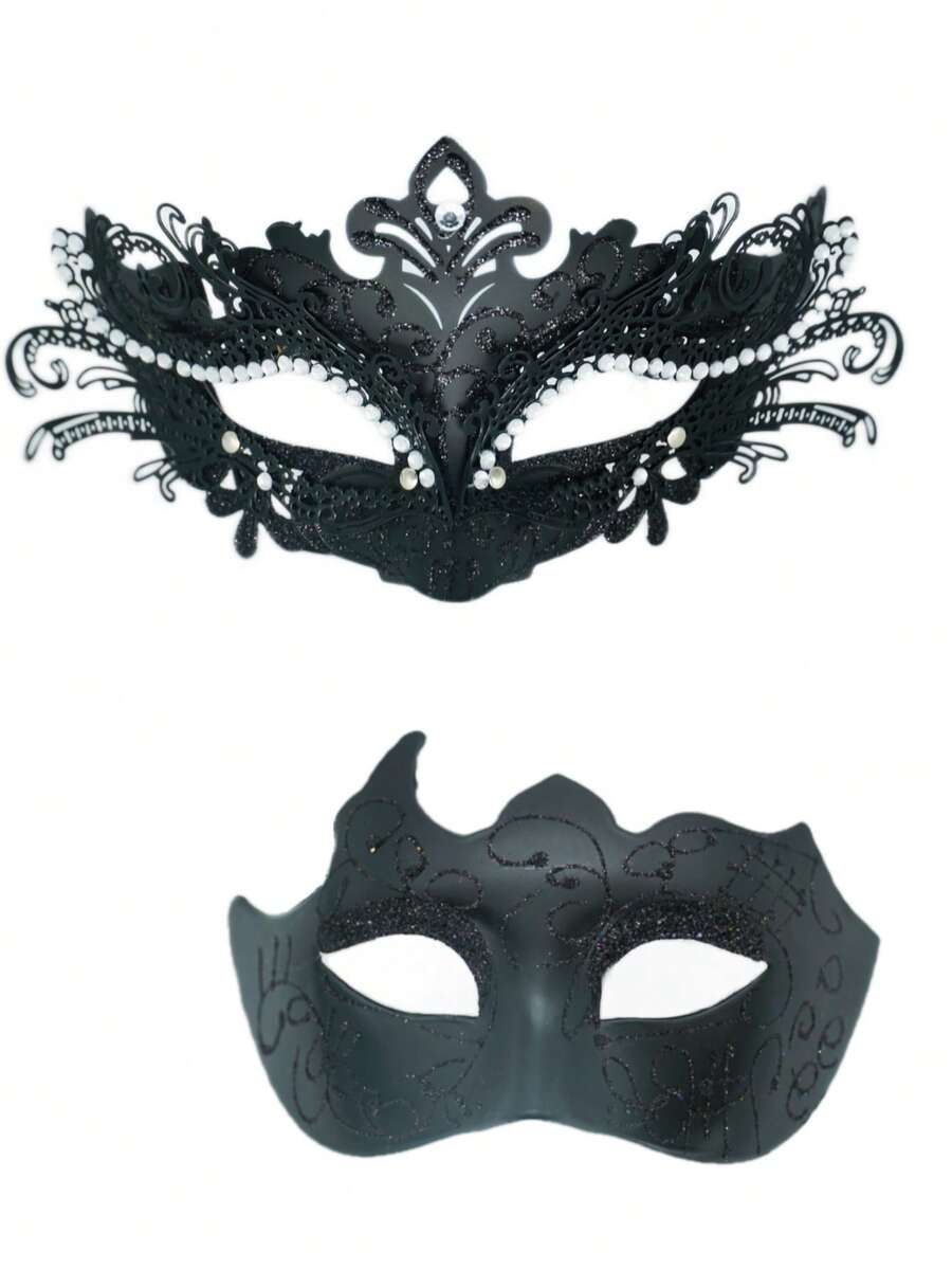 Couple Mask - Shiny Metal Wire Rispberry Rhinestone Venetian Mask Men's Carnival Mask (The Masks Are Hand-Painted, And The Lines May Be Errors, But They Do Not Affect The Use) - Black - View 1