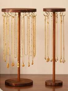 1pc Wooden Round Jewelry Display Stand, Walnut Color, Minimalist Design, Necklace, Pendant, Bracelet, Bangle Organizer, Christmas & Halloween Gift For Women