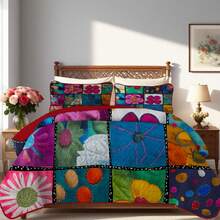 2/3pcs Flower Patchwork Print Quilt Set(1 Quilt + 1/2 Pillowcases), Machine Washable Durable Summer Bedding Set, 100% Polyester And Lightweight Bedspread Set, Breathable, All-Season, Stylish Room Decor, Holiday Gift - Flower Jigsaw Puzzle - View 3