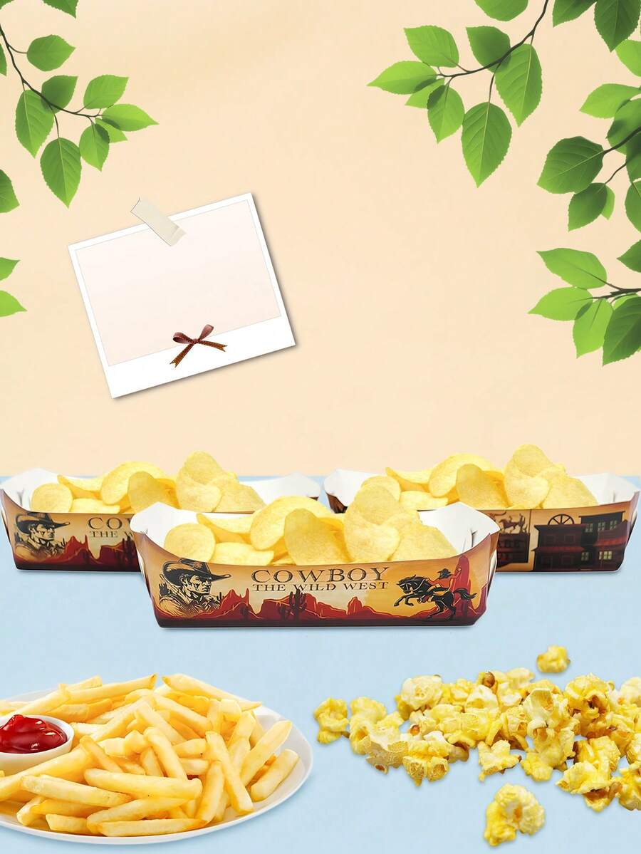 10pcs/20pcs/50pcs Wild West Food Tray Paper Western Cowboy Party Snack Plates Boat Trays For Wild West Birthday Party BBQ Picnic & Western Events Decorations Cowboy Theme Babe Shower Party Supplies