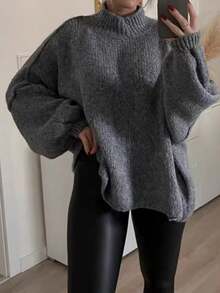 Women Casual Long Sleeve Fall Sweaters High Neck Solid Color Soft Ribbed Knitted Oversized Pullover Loose Fit Jumperih - Ash - View 3