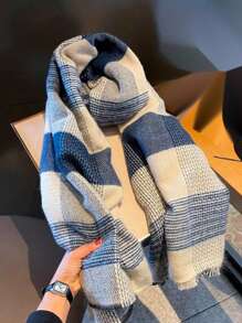 Street 1pc Women's Winter Scarf, European And American Style White-Blue-Grey Plaid Scarf For Women, Thick Warm Student Neck Wrap, Soft And Comfy Blanket Scarf, For Keep Warm Outdoors In Winter