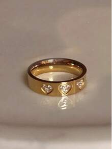 1/2pcs Stainless Steel 18K Gold Plated Heart Shaped Bracelet & Ring Set, Rhinestone Inlaid, Luxury Jewelry Wedding Accessories - Gold - View 9