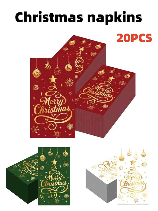 20 piezas de servilletas de Navidad con impresión de lámina de oro - Texto "Feliz Navidad", patrón de árbol de Navidad de lámina de oro, papel de seda verde, decoraciones de vajilla para fiesta de Navidad