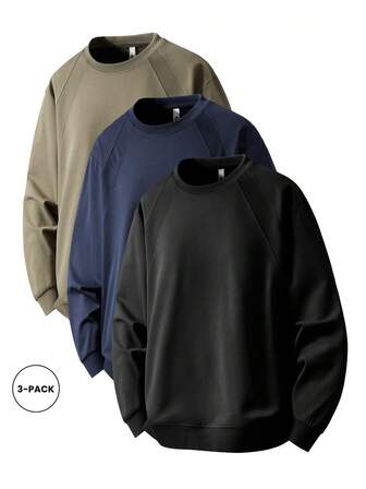 3pcs Plus Size Solid Color Long Sleeve T-Shirts, Solid Color Long Sleeve Undershirts, Suitable For All Seasons, Fall Clothes
