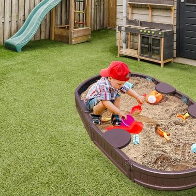 Sandbox With Cover, 72 X 41.5 X 9.1 In Oval Sand Box, HDPE Sand Pit With 4 Corner Seating And Bottom Liner, Kids Sandbox For Outdoor Backyard, Beach, Park, Gift For Boys Girls Ages 3-12, Brown