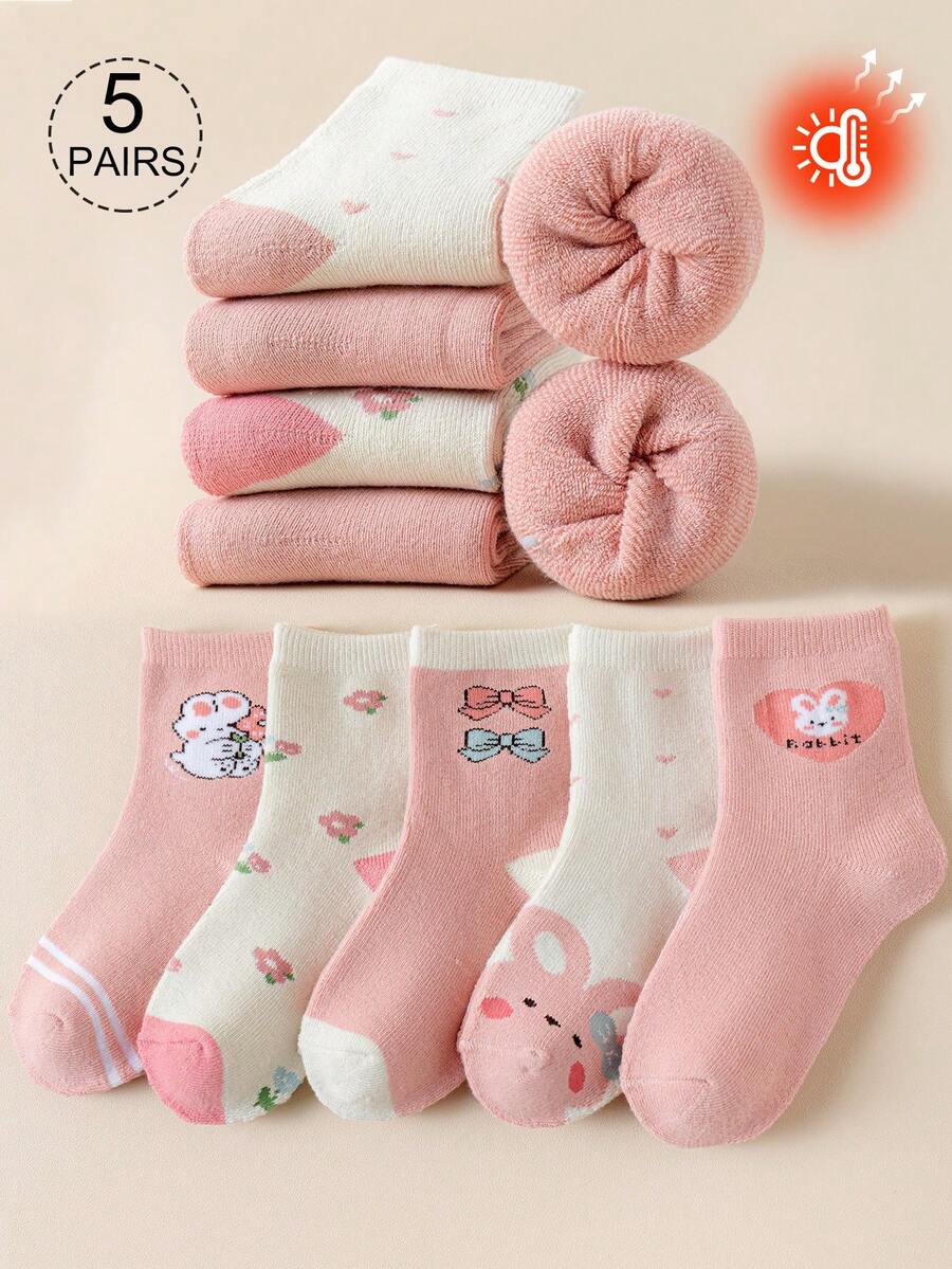 5 Pairs Girls' Mid-Calf Socks, Pink, White, Light Blue, Solid Color, Contrast Color, Cartoon Rabbit, Letter, Flower, Heart, Bow Decor, Autumn/Winter, Soft & Warm Thick, Simple Style, Cute, Fashionable, Versatile For Daily Wear - Multicolor - View 1