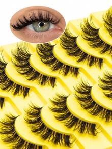 10 Pairs Of Soft And Fluffy False Lashes,Natural Transparent Stem,3D Fluffy Striped Short Curl Eyelashes, Thick Faux Mink Full Strip Eyelashes, The Secret Of Widening Your Eyes ,Beginner-Friendly And Reusable - 俄羅斯條狀假睫毛 - 查看 3