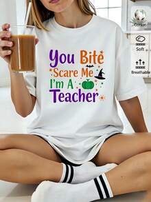 Camiseta de Mujer de 180g, Blanca, de Algodón, Cuello Redondo, de Manga Corta, con Estampado Divertido "You Bite Scare Me I'm a Teacher", Ideal para Halloween, Ropa Casual y Regalo Temático. - Blanco - Ver 2