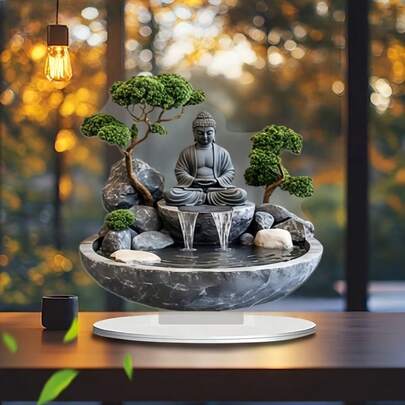 2D 平面波西米亚水晶喷泉带底座 - 雄伟的佛陀冥想设计，家居装饰牌匾，精湛的工艺，办公室装饰品，新年和圣诞节的理想礼物 | 2D 平面 0.3 厘米厚度