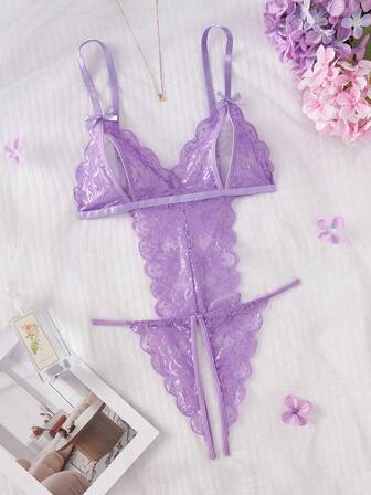 Lila djup V-ringad transparent kontrasterande spetsunderkläder för kvinnor, blommig spets, grenlös, ihålig, rosettdekor, rygglös sexig bodysuit