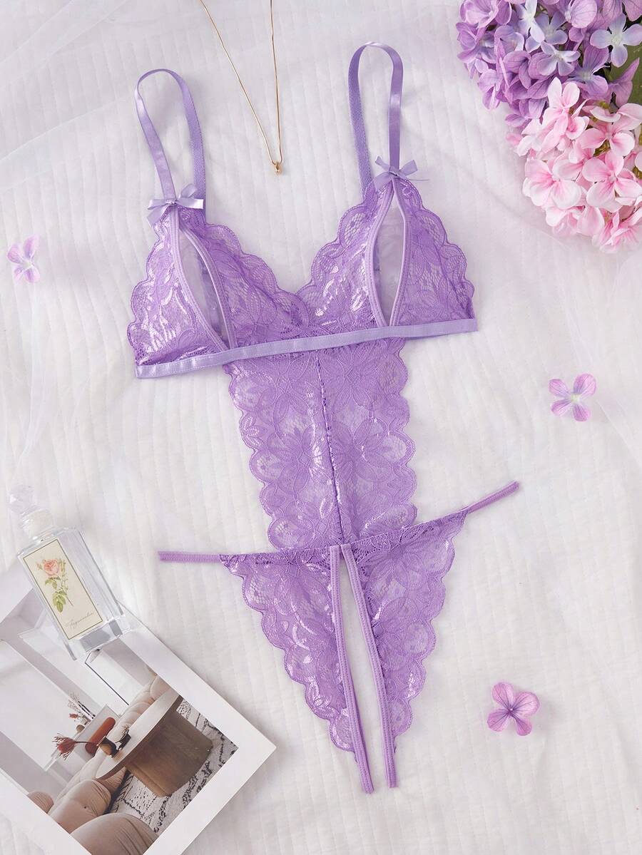 女士紫色深V领透视撞色蕾丝性感内衣，花卉蕾丝，无裆，镂空，蝴蝶结装饰，露背性感连体衣 - 紫色 - 查看 1