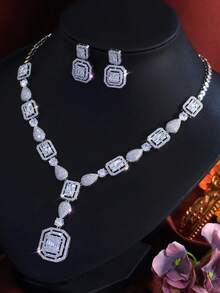 1 套闪亮奢华长方形锆石吊坠婚礼项链和耳环迪拜新娘派对珠宝套装女士