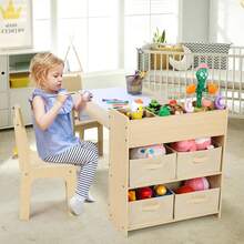Kids Table And Chair Sets, Art Table With Storage Space, Wooden Children Drawing Table With Paper Wheels And 4 Storage Boxes, Toddler Table And Chairs Set For Drawing, Crafting, Writing, Learning - Amarillo - View 2