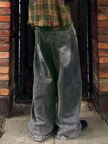 Calça Denim Preta Reta Solta com Remendo Cruzado Masculina HEHCN, Calça Denim Casual Desgastada Vintage Rasgada, Streetwear de Perna Larga