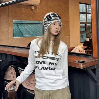 レディース 春秋 コットン ゆったり 万能 レタープリント カジュアル 韓国風 長袖 Tシャツ