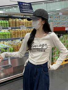 美式侧抽绳 T 恤女款，半开领长袖，印花修身短上衣 - 灰色 - 查看 10