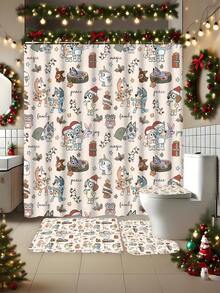 [Holiday Edition] 1/3/4pcs Bluey Family Cosplay Shower Curtain Set, Featuring Christmas Tree, Halloween Turkey Plaid Witch Hat, Bat Prints