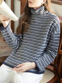 Knit Mix Women's Autumn/Winter Fashion French Elegant Commute Knit Contrast Color Striped Turtleneck Long Sleeve Regular Loose Pullover Sweater Top - Navy Blue - View 12