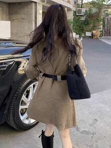 2025新款纯色腰部口袋休闲家居长袖针织连衣裙，女款，秋冬季