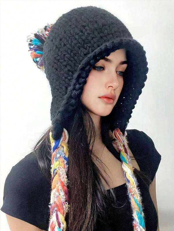 1 件女士冬季羊毛帽手工流苏针织帽适合秋冬秋季，温暖护耳，百搭时尚套头帽适合日常旅行、购物、滑雪和使用