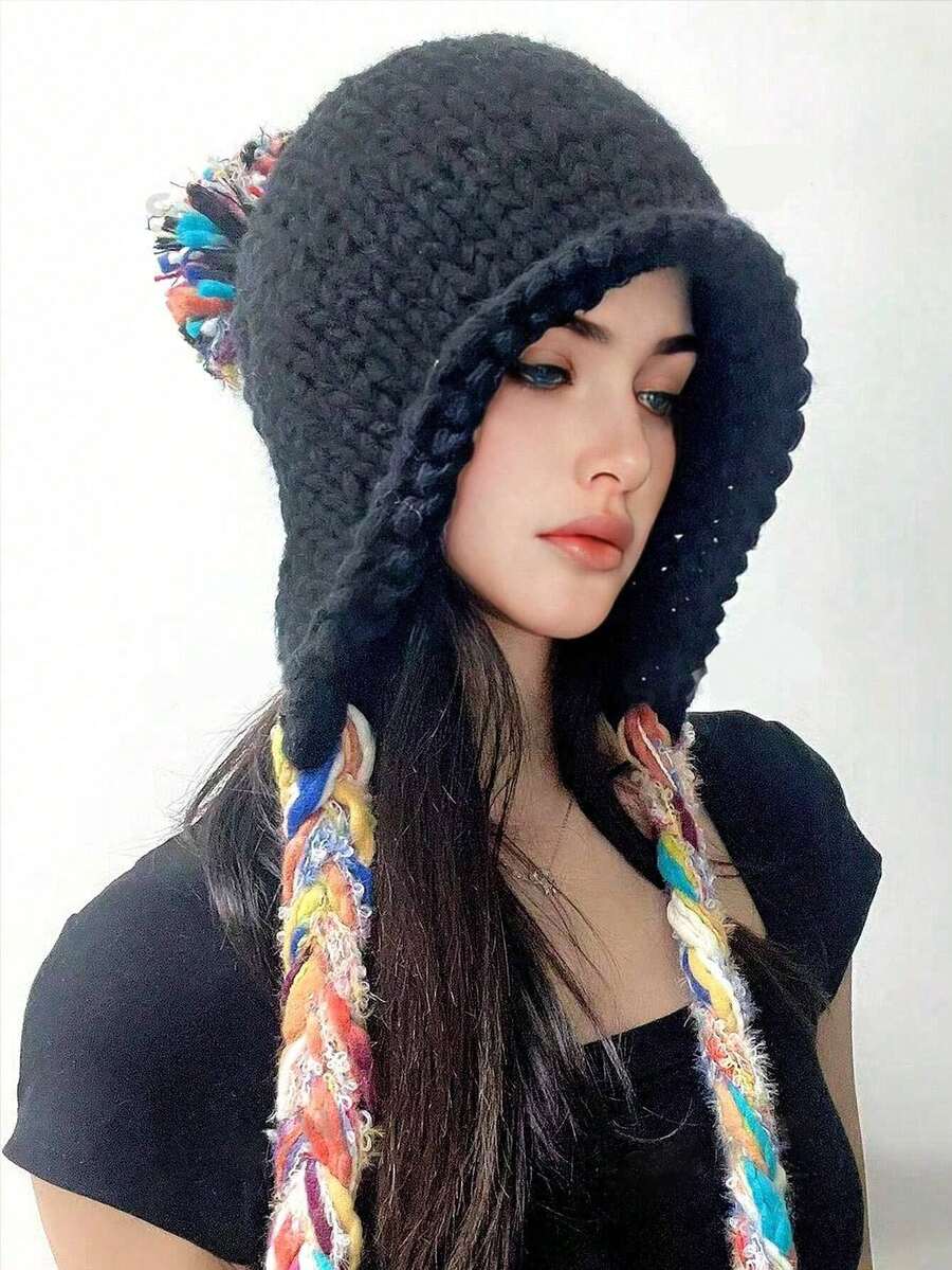 1 件女士冬季羊毛帽手工流苏针织帽适合秋冬秋季，温暖护耳，百搭时尚套头帽适合日常旅行、购物、滑雪和使用 - 彩色 - 查看 1