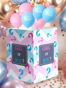 7pcs Gender Reveal Box Paired With 3 Pink Balloons And 3 Blue Balloons For A Surprise Party, Holiday Decorations