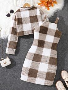 2pcs Girls Warm & Fashionable Outdoor Outfit, Long Sleeve Contrast Plaid Fuzzy Button Jacket And Autumn/Winter Suspender Dress