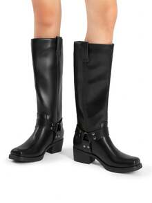 Women's Square Toe Motorcycle Knee High Boots Riding Pull-On Fashion Chunky Low Heel Buckle Decorated Long Boots For Women