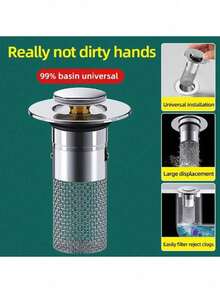 1pc/2pcs Bounce-Back Sink Drain Plug, Suitable For Sink Drainage, Hair Collection And Filtration, Bathroom Anti-Clogging Bathroom Accessories Bathroom Tools - Silver - View 3