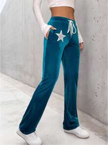 New Fall And Winter Retro Blue Drawstring Suede Straight-Leg Comfortable And Lightweight Women's Outdoor Sports Casual Pants, Suitable For Outdoor Activities, Running, Walking, Daily Wear, Back-To-School Season, And Street.